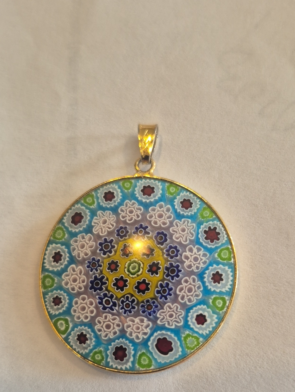 Morano Handcrafted Millefiori Floral Round Pendant in Blue, Green & Yellow